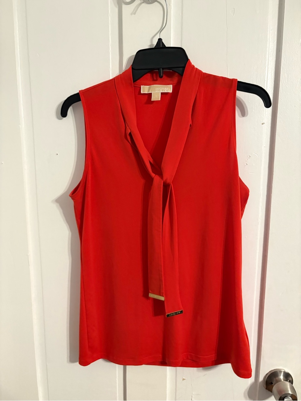 Michael Kors Vibrant Red-Orange Sleeveless Tie-Neck Shell